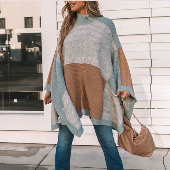 VICi Whispers Of Winter Cable Knit Colorblock Poncho Sweater One Size - Picture 1 of 12